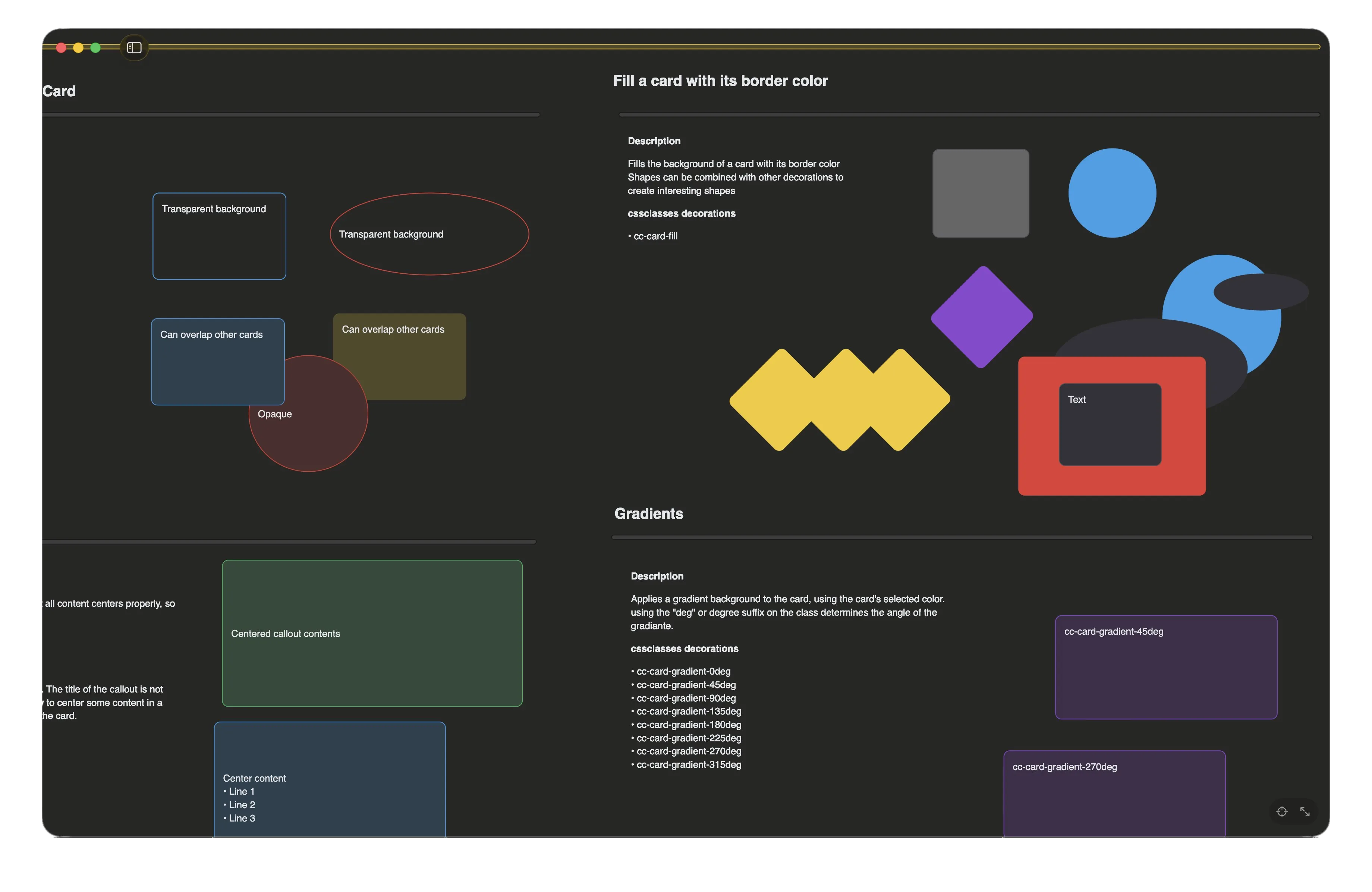 JSON Canvas on macOS — card decoration examples, fills, gradients, and shapes.