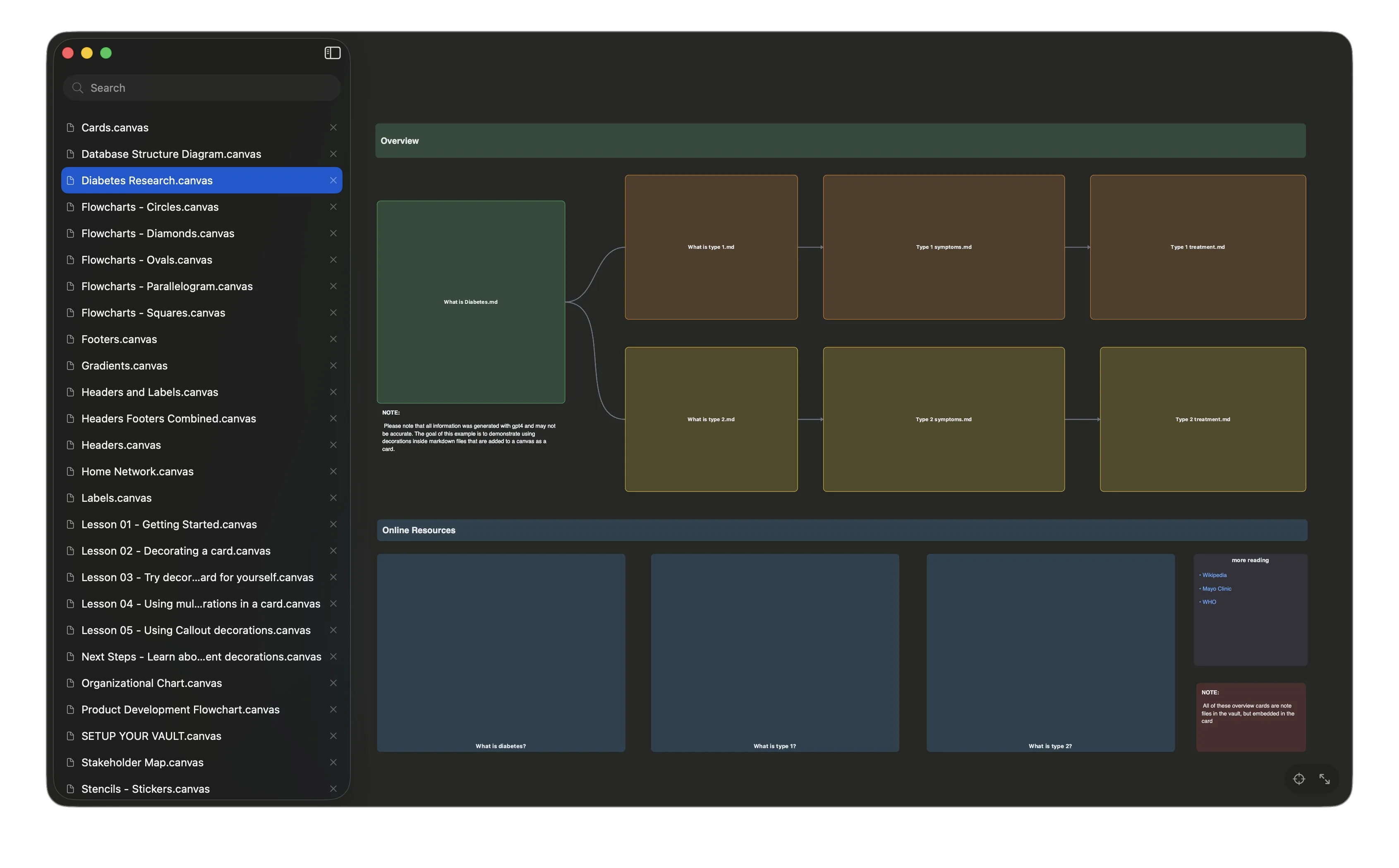JSON Canvas on macOS — a "Diabetes Research" canvas with linked markdown cards arranged as an overview.