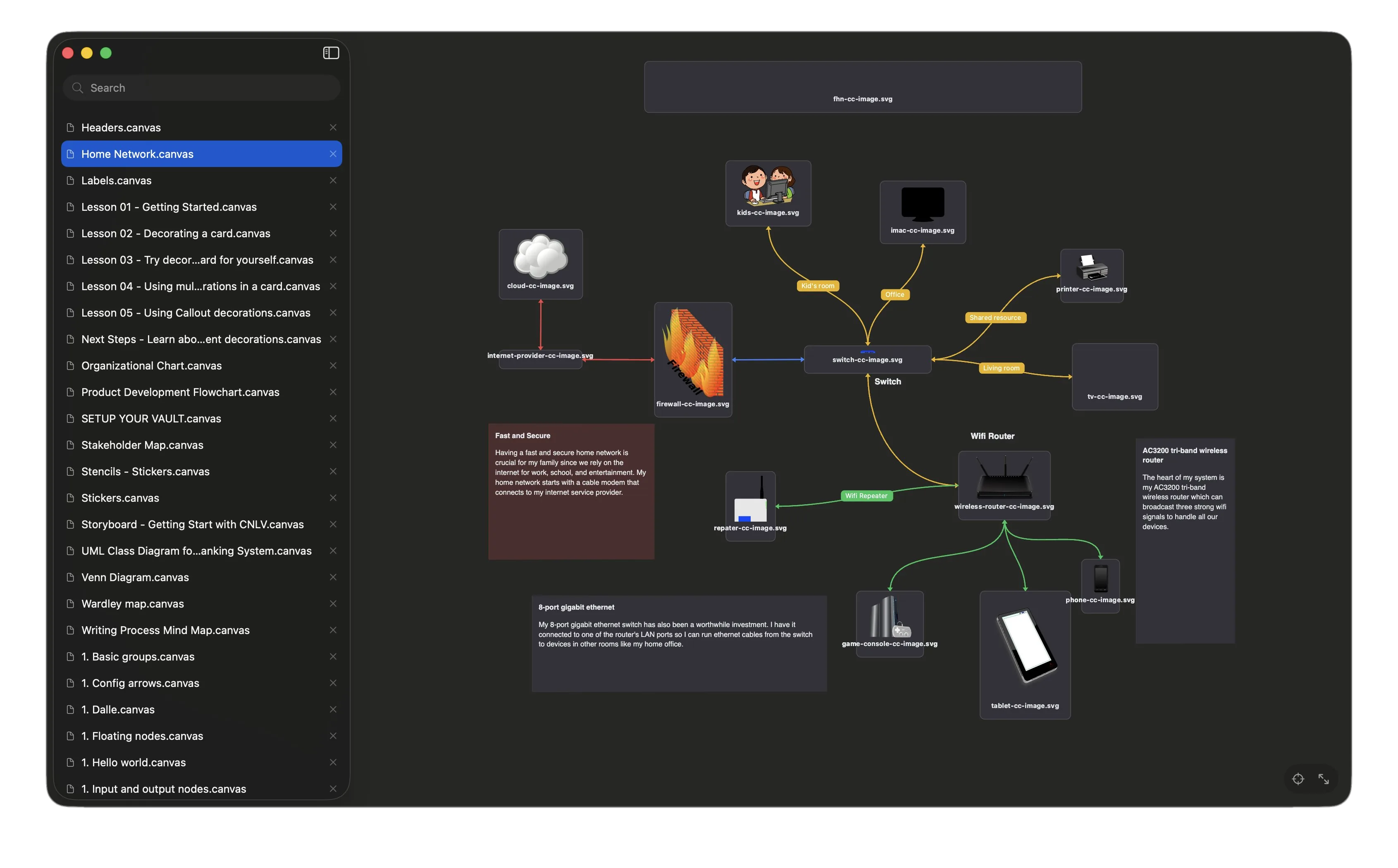 JSON Canvas on macOS — a home network diagram linking cloud, firewall, switch, router, and devices.