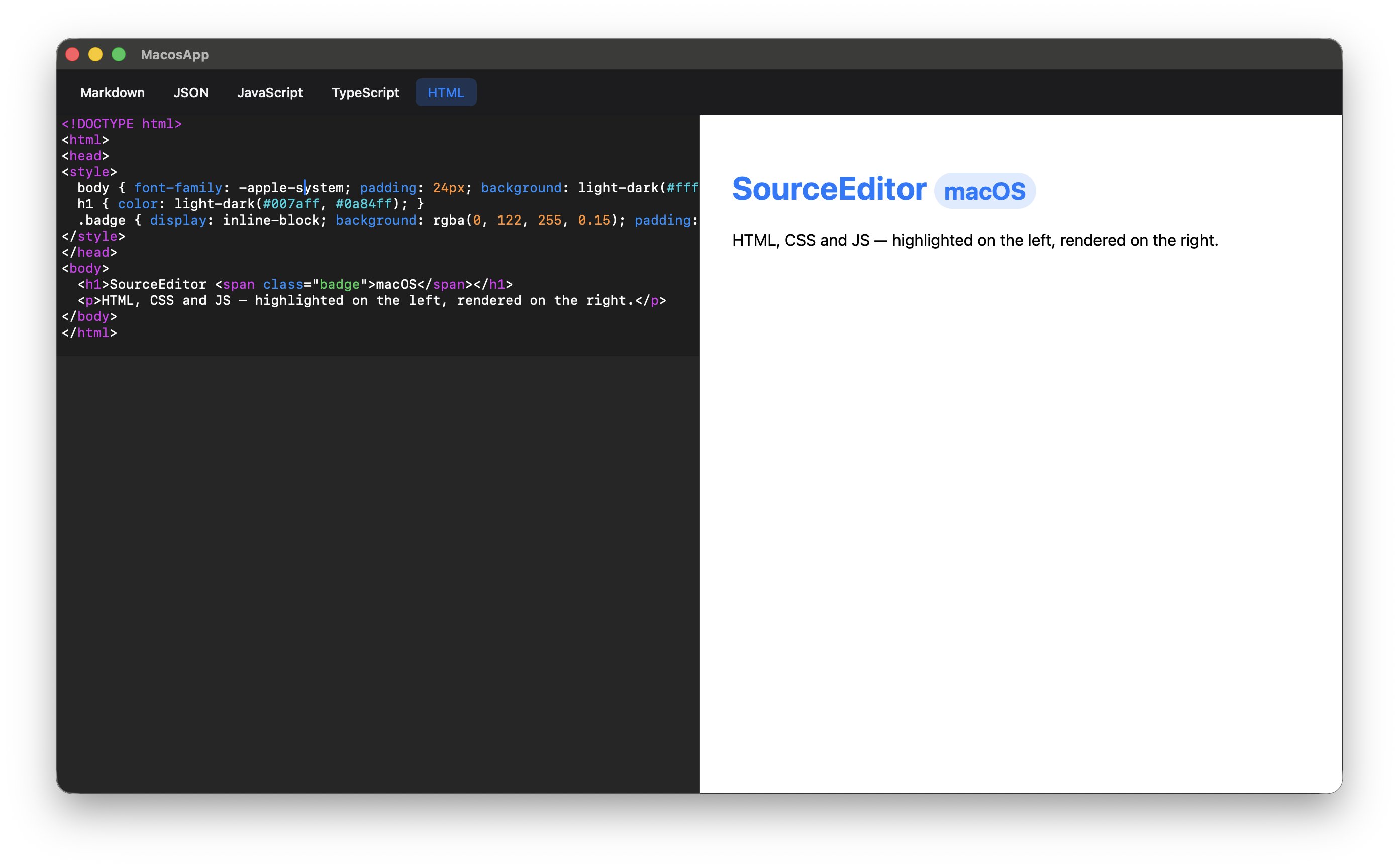 SourceEditor on macOS with the HTML tab — highlighted markup on the left, rendered output on the right.