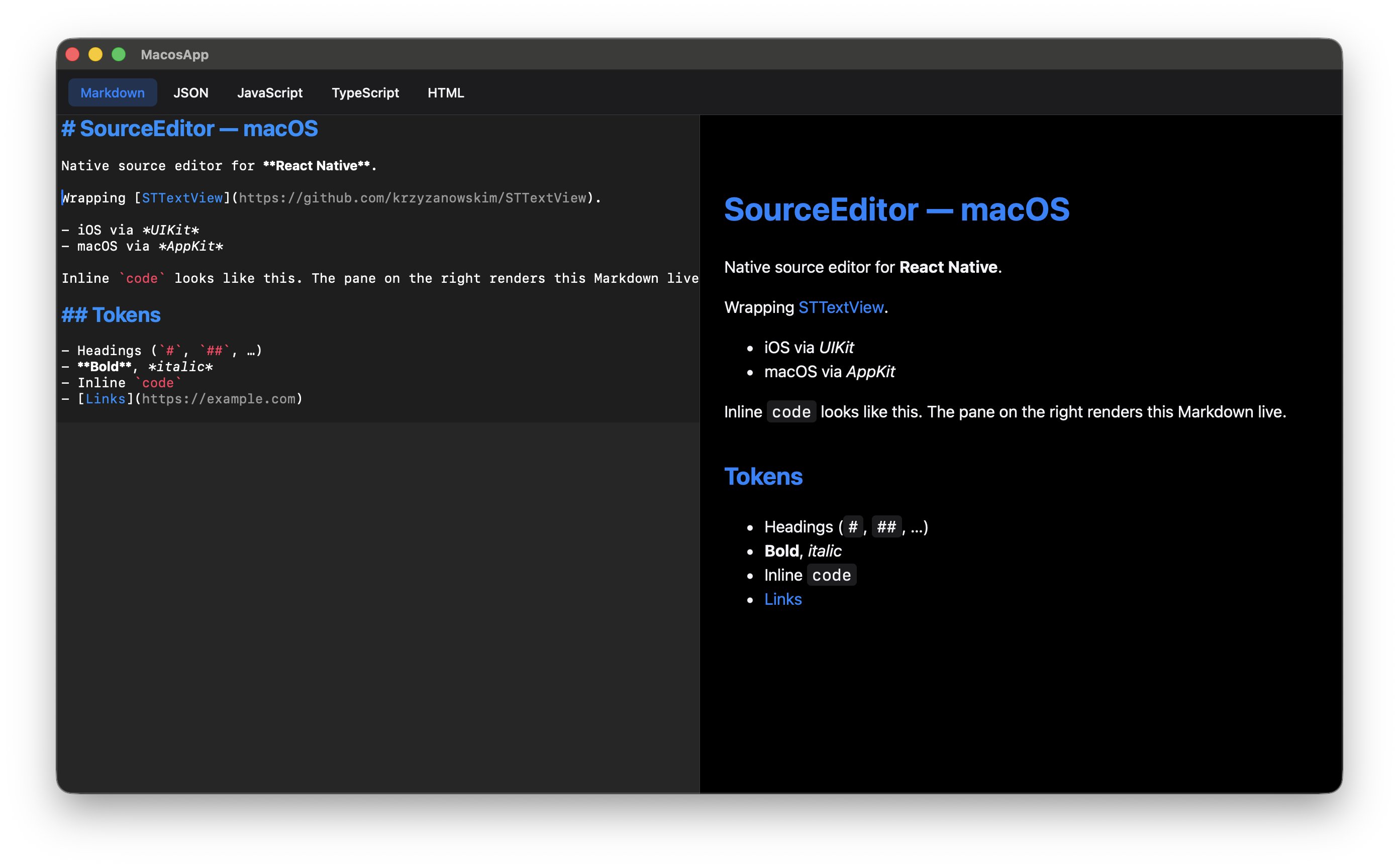 SourceEditor on macOS rendering Markdown — syntax-highlighted source on the left, live preview on the right.