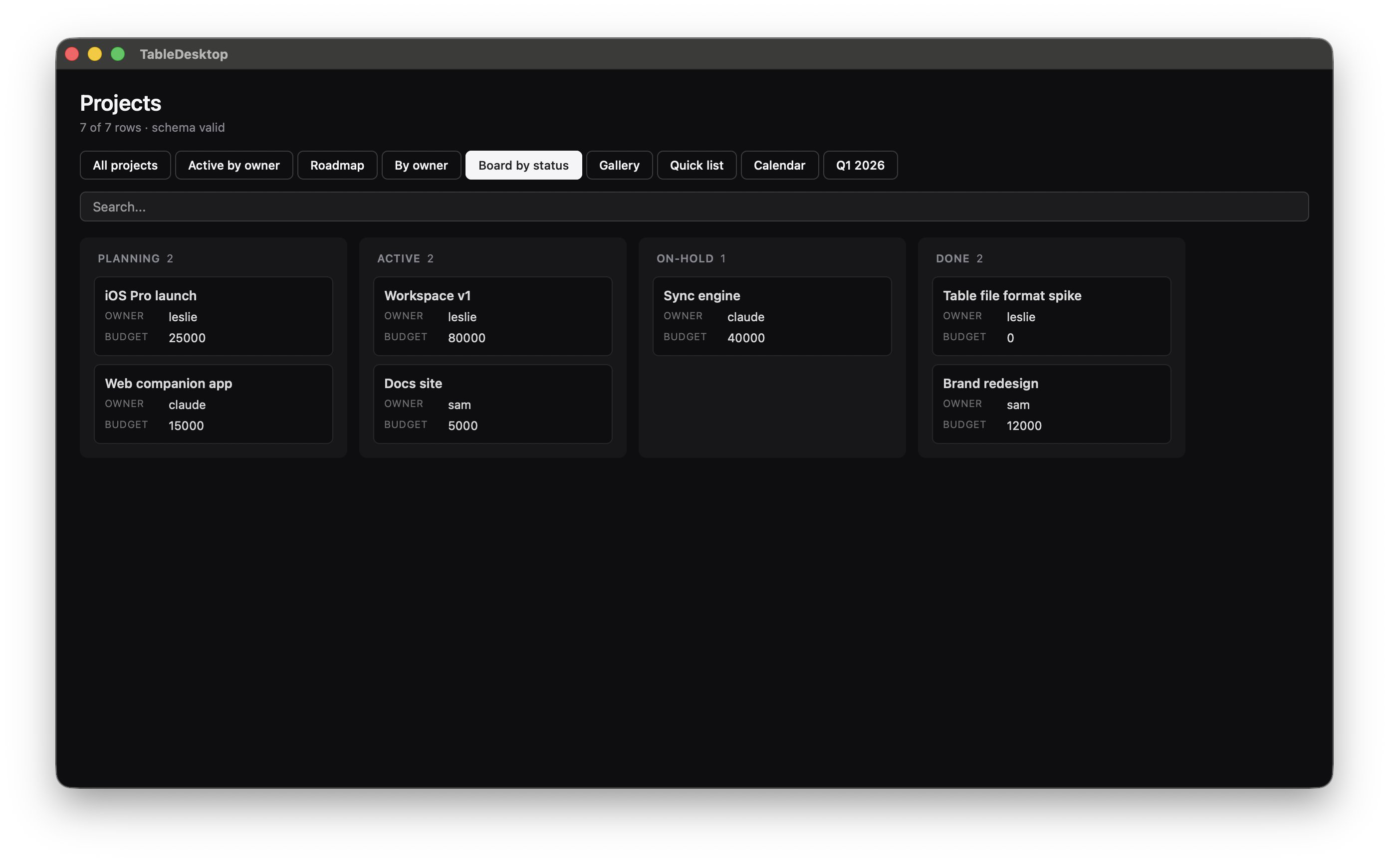 TableDesktop on macOS — board grouped by status (Planning / Active / On-hold / Done).