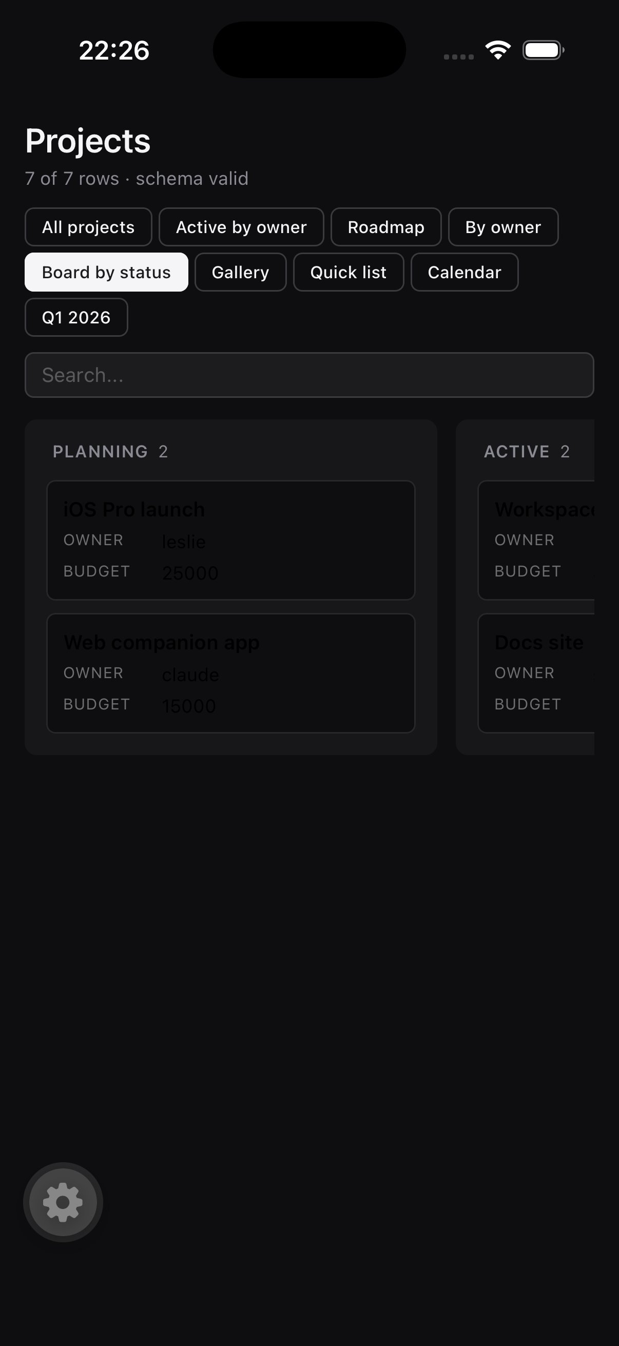 TableDesktop on iOS — Projects board grouped by status.