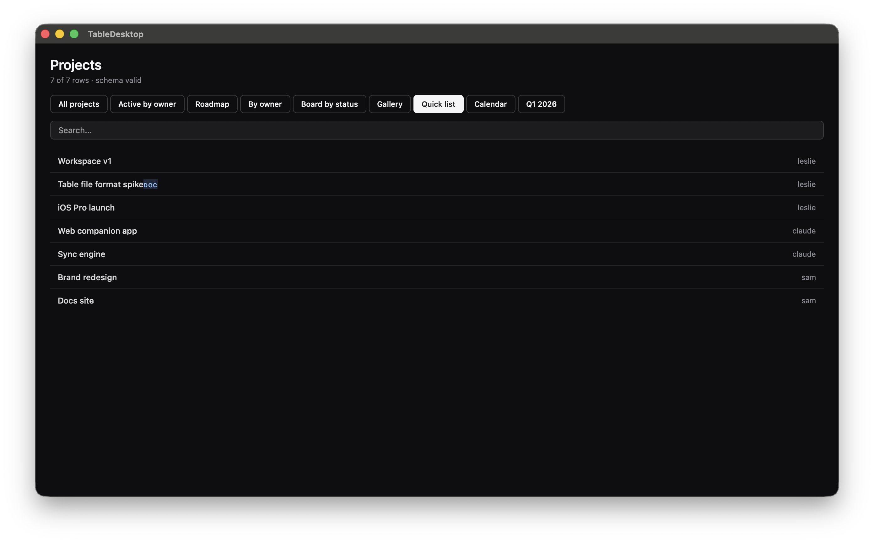 TableDesktop on macOS — Quick list view of projects.