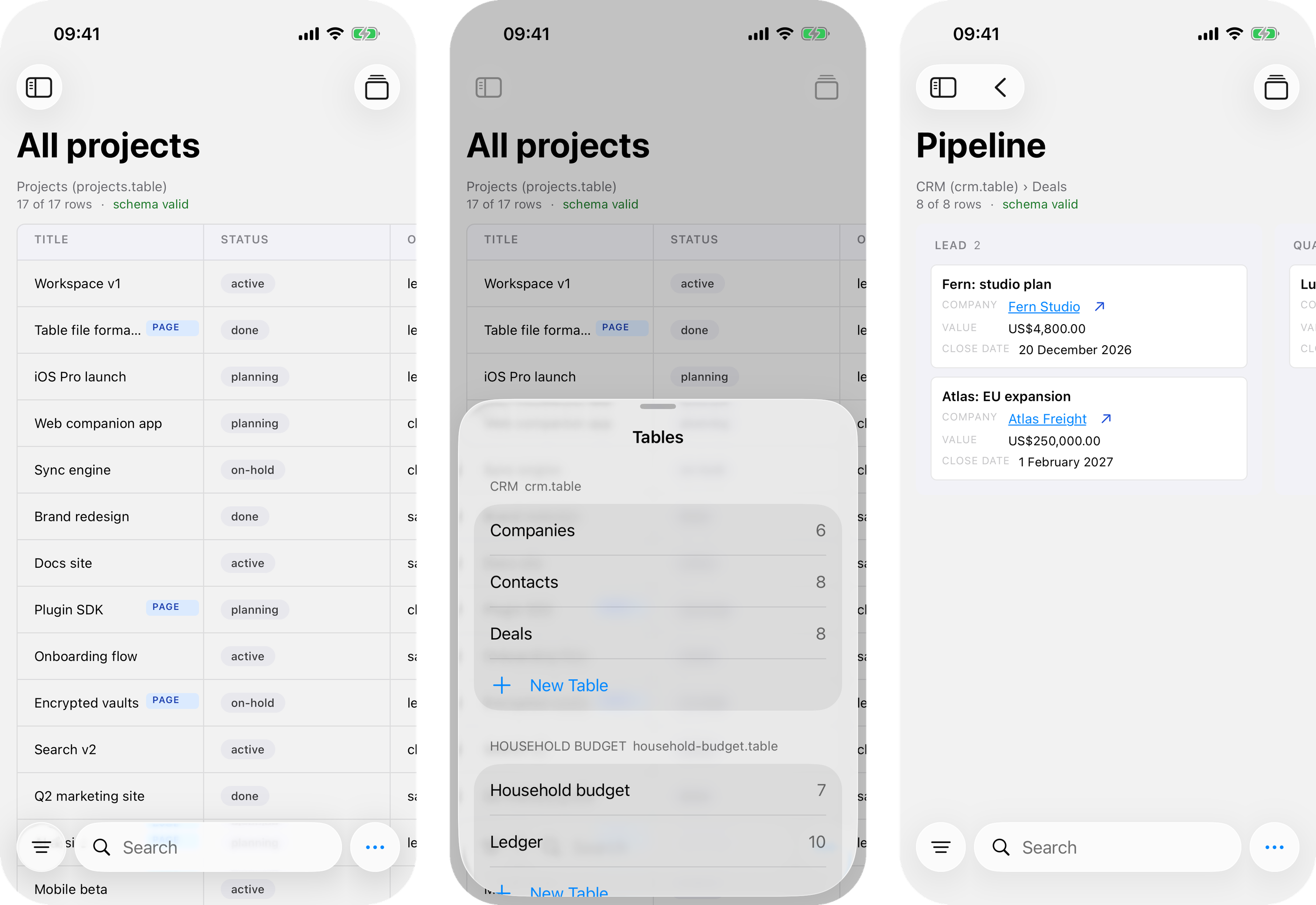 A .table document on iOS: grid, table list and board.