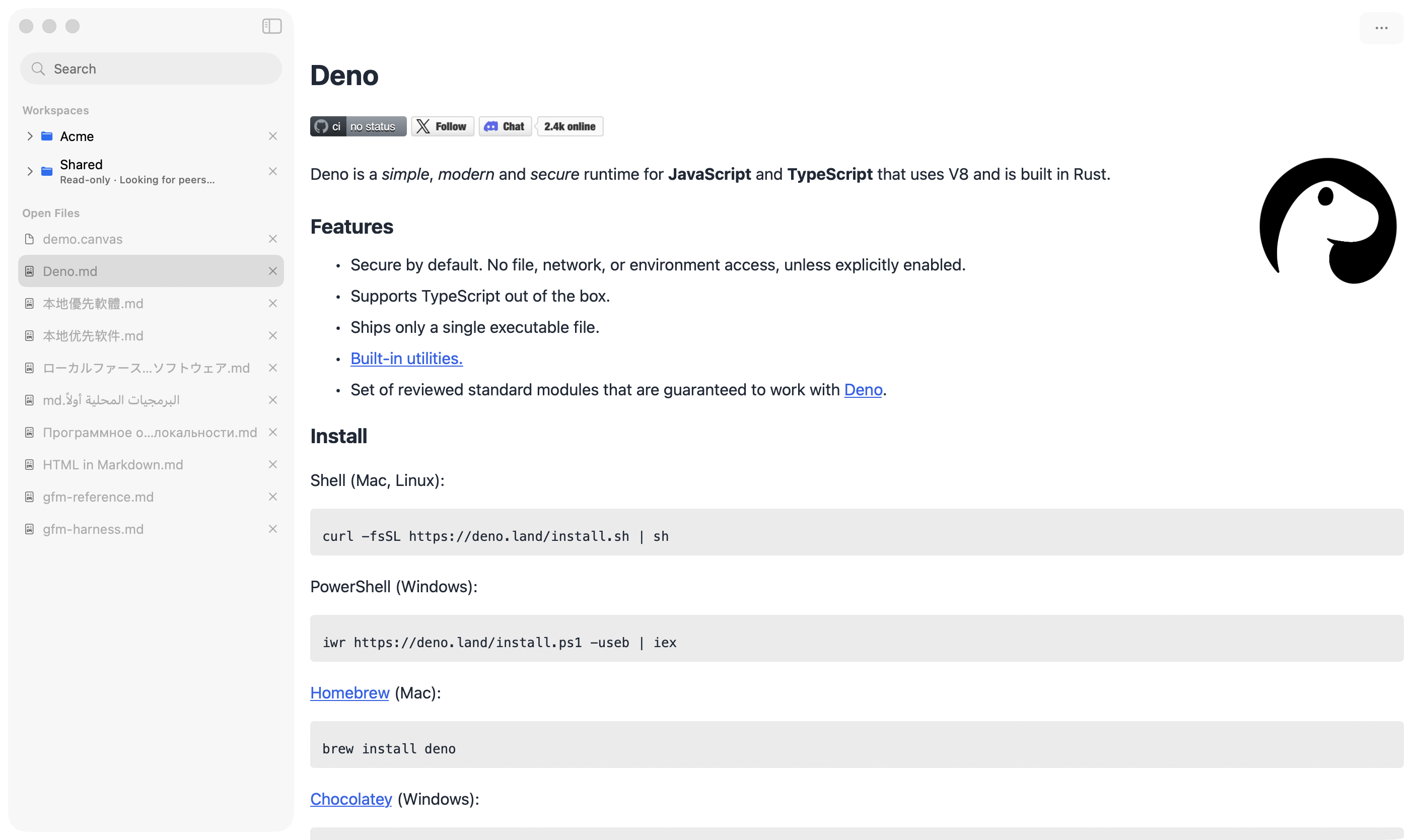 A Markdown document, rendered natively and editable in place.
